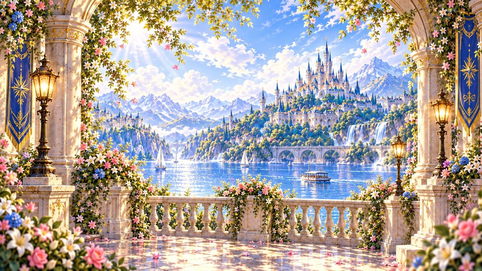 花に囲まれたアーチ越しに、湖の向こうの城を望む「光のテラス」の眺め