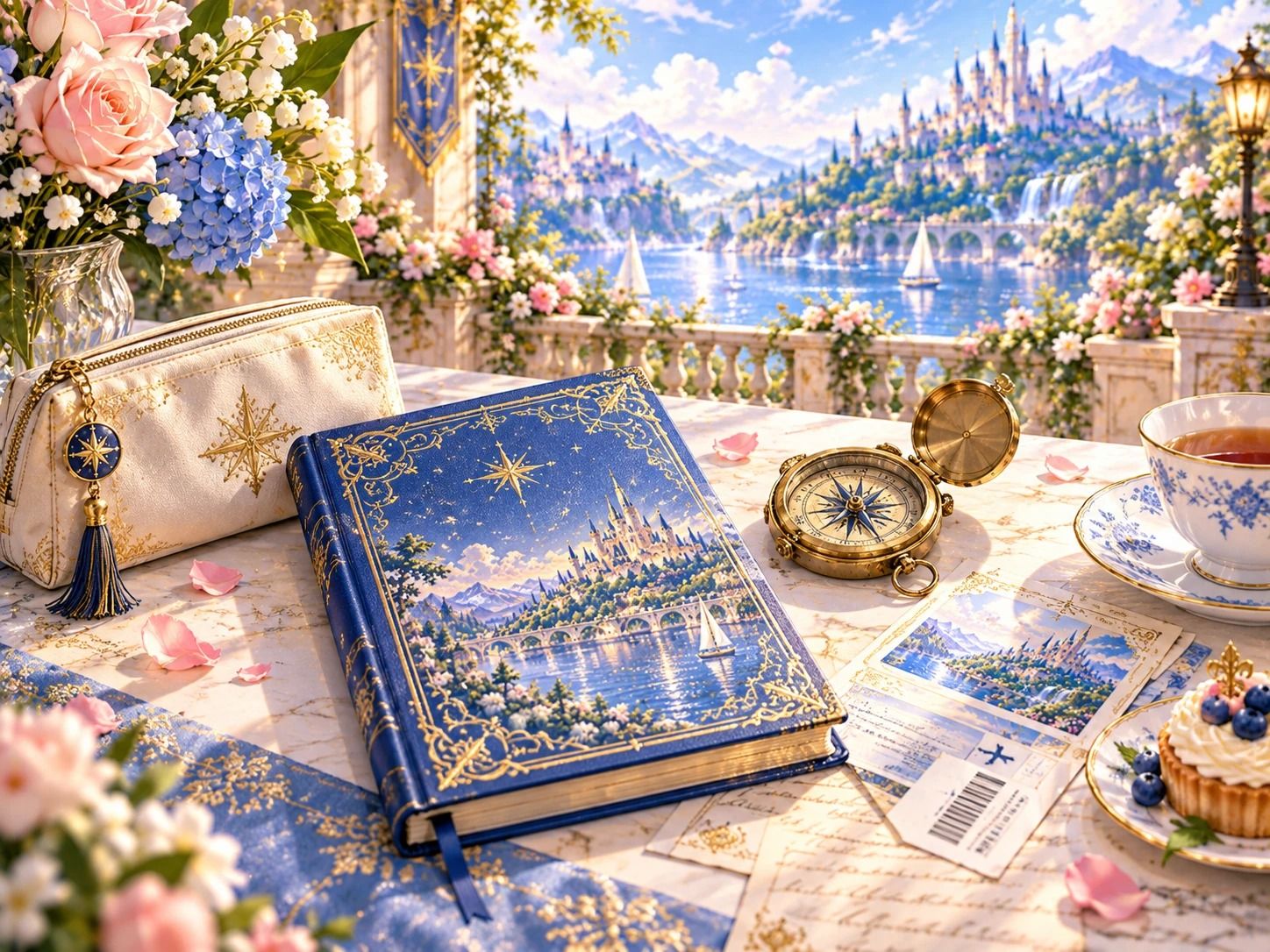 石橋と花々の向こうに見える城の風景