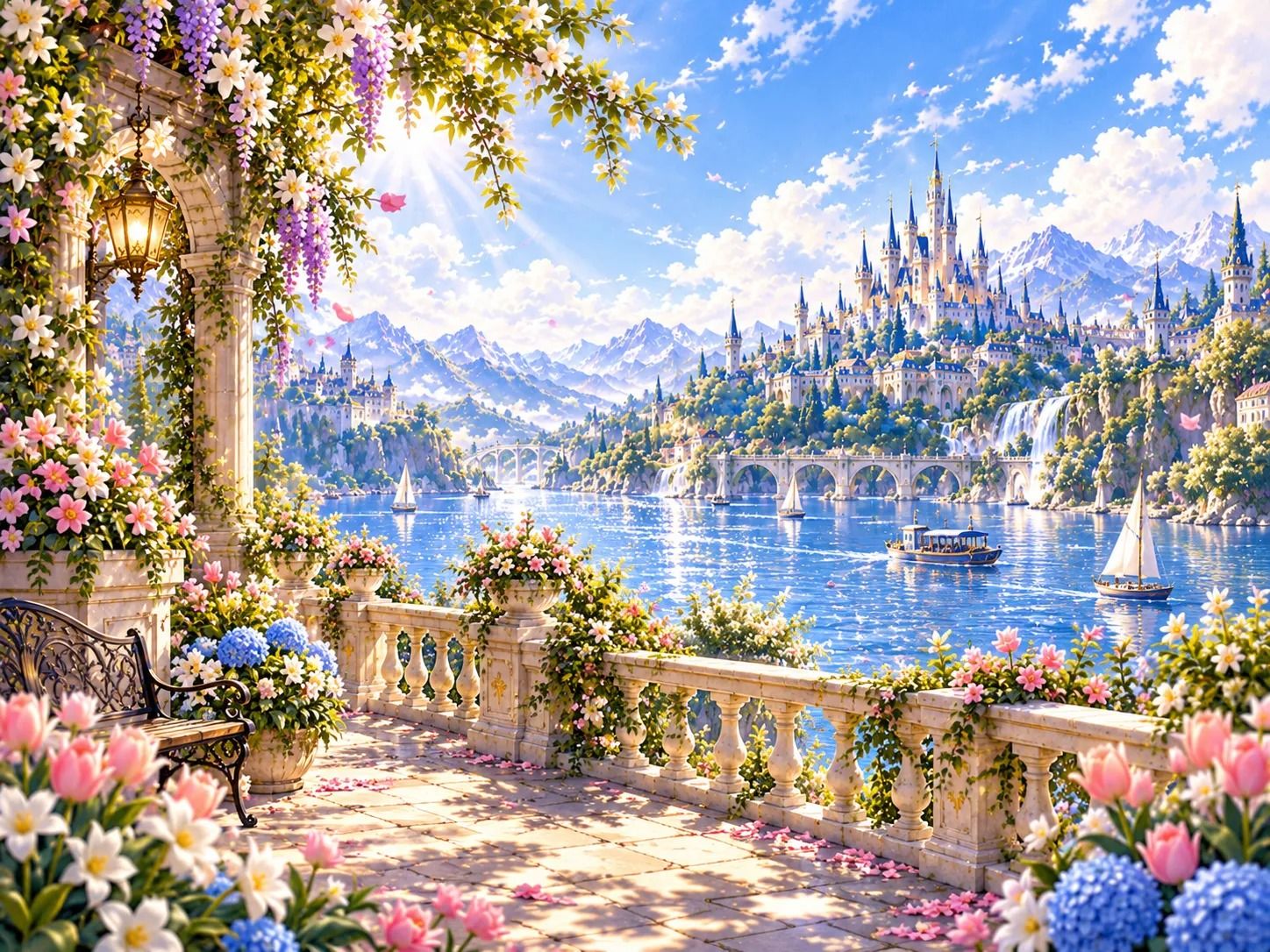 春の花に彩られたテラスから遠くの城を望む景色