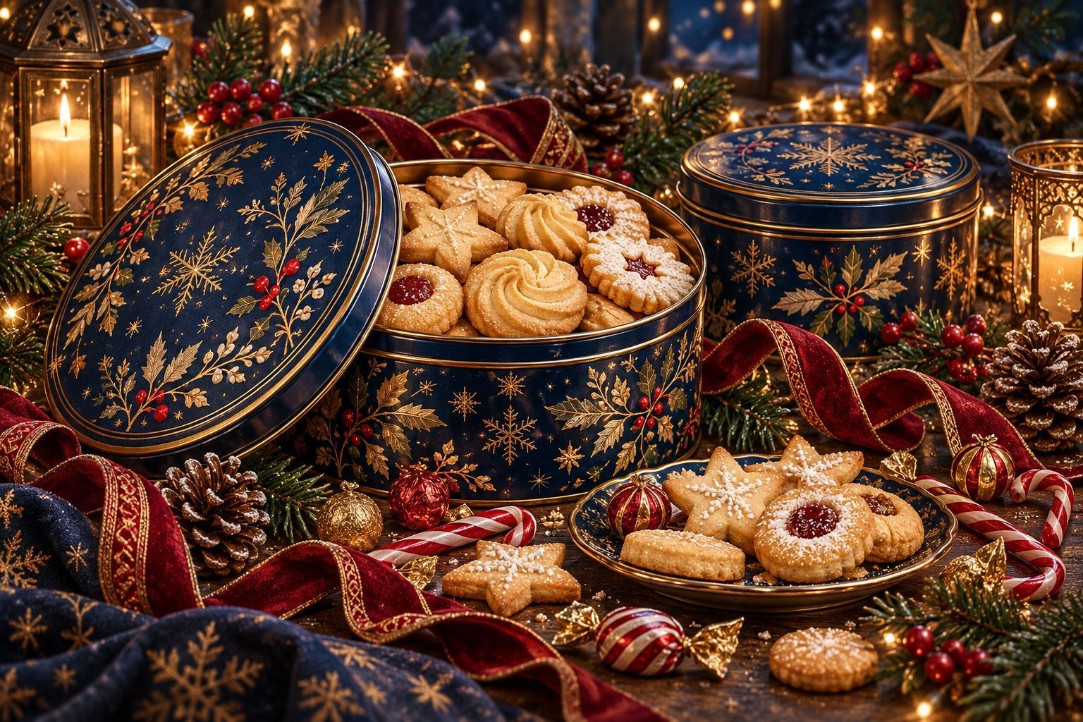 クリスマスのお菓子の缶とクッキー、リボンを描いたオリジナルのイラスト